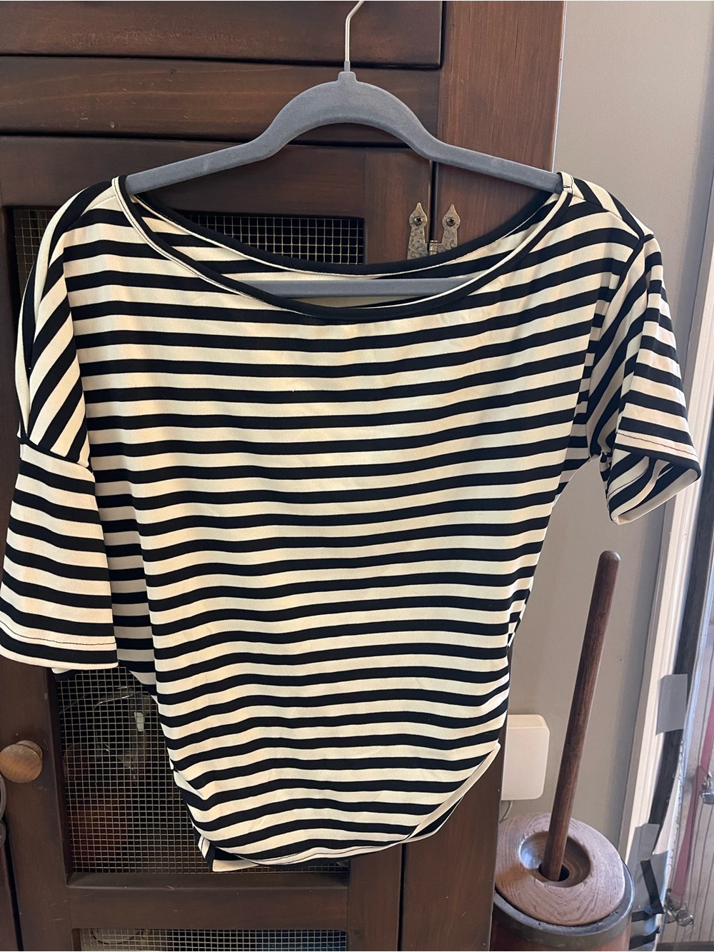 Black & Cream Striped Boatneck Short Sleeve Top